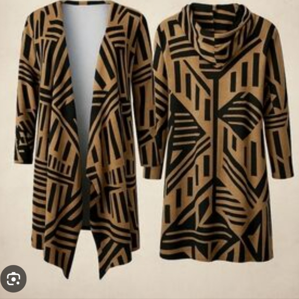 Boho Geometric Print Hooded Duster Cardigan - Tan & Black Size Large